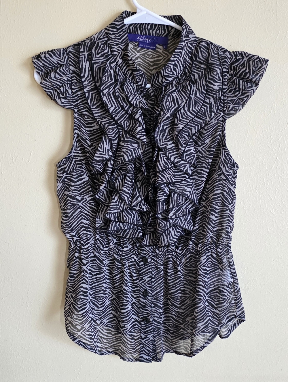 Miley Cyrus Max Azria Sheer Chiffon Zebra Print Ruffle Top Cap Sleeves